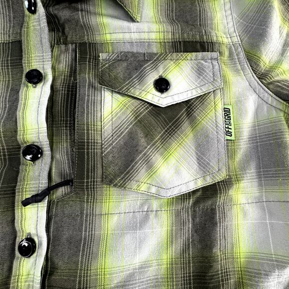 OFF the Grid Women's Bailey Technical Flannel Shirt Medium Lime Green Gray Plaid - Picture 5 of 13